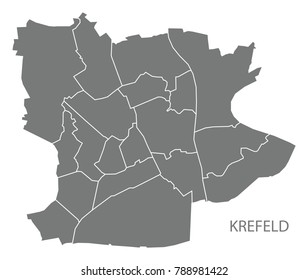 Krefeld city map with boroughs grey illustration silhouette shape