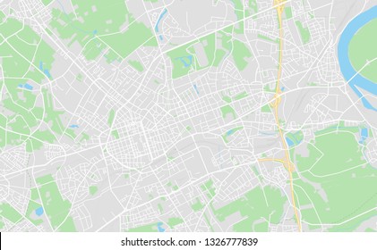 Krefeld, Germany printable street map in classic style colors with all relevant motorways, roads and railways. Use this map for any kind of digital info graphics and print publication.