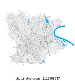 Krefeld, North Rhine-Westphalia, Germany high resolution vector map with city boundaries and editable paths. White outlines for main roads. Many detailed paths. Blue shapes and lines for water.