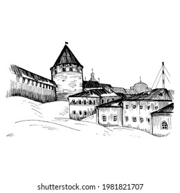 Kremlin in the city of Kazan. City landscape. Black and white sketch. Hand-drawn vector illustration