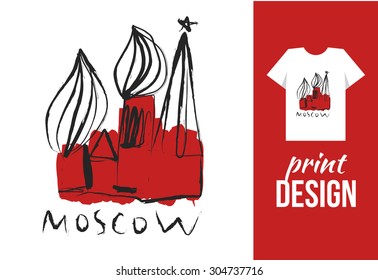 Kremlin hand drawn illustration with text Moscow. Vector illustration for t-shirt on other used. 