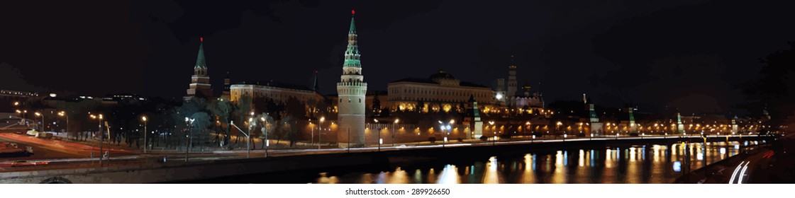 Kremlin in Moscow, night landscape, panorama. Vector tracing photos