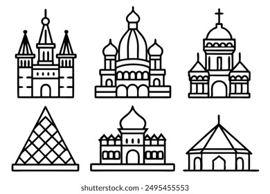 Kremlin and Red Square line art illustration with detailed Russian landmark features