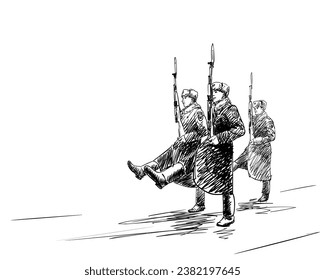 Soldados del regimiento del Kremlin marchando en una ilustración de paso dibujada a mano, Esbozo vectorial de la guardia de honor rusa con uniforme militar de invierno sosteniendo rifles con bayonetas