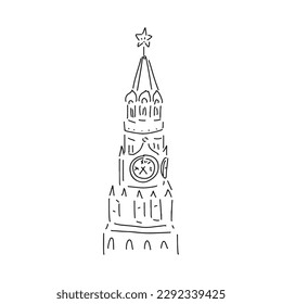 Torre Spasskaya del Kremlin. Mapa de Moscú. Lugares de interés rusos de Moscú. Dibujo a mano de doodle corto ilustración en blanco y negro