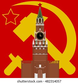 Kremlin with the star on the background of the flag of the USSR.