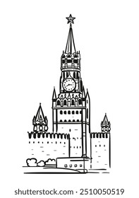 Torre do Kremlin no centro de Moscou na Rússia. Ilustração vetorial em estilo doodle, esboço