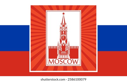 Kremlin tower as the main symbol of Moscow against the background of the Russian flag. Patriotic poster, design concept or other. Vector illustration