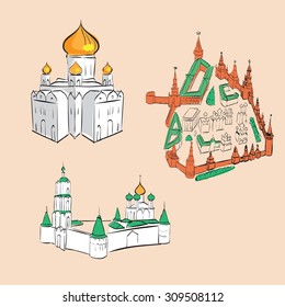 Kremlin view from above, icons historic church building in Moscow , vector