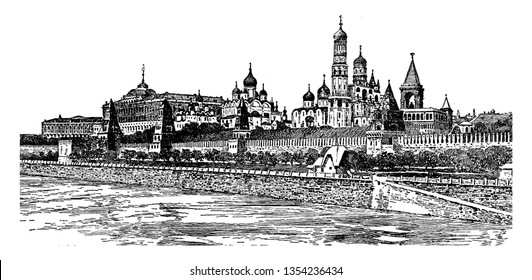 El Kremlin, que incluye cuatro palacios, cuatro catedrales y las torres del Kremlin, dibujos de líneas antiguas o ilustraciones que graban.