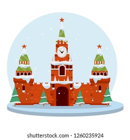 Kremlin in winter landscape. Attraction of Russian Capital in snow. Travel to Moscow and snowfall. Center with red castle and Christmas trees. Towers, wall and clocks. Red square Element. Flat cartoon