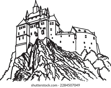 Kriebstein Castle isolated on white background, graphical  sketchy llustration. Architecture of Germany