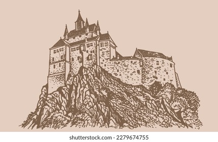 Kriebstein Castle on sepia background, graphical vintage  illustration. Architecture of Germany