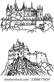 Kriebstein Castle sketch isolated on white background, graphical llustration. Architecture of Germany