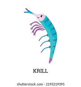 Krill small shrimp like planktonic crustacean animal funny cartoon character, flat vector illustration isolated on white background. Zooplankton krill animal.