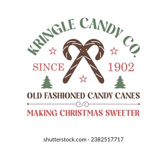 Kringle Christmas candy vintage farmhouse winter sign, label, poster design on white background