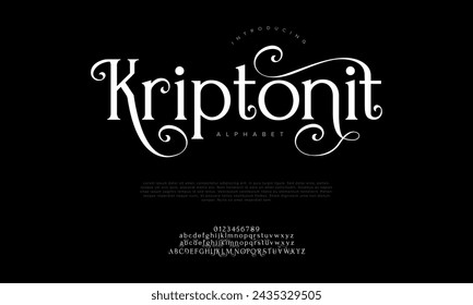 Kriptonit premium luxury elegant alphabet letters and numbers. Elegant wedding typography classic serif font decorative vintage retro. Creative vector illustration