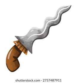 Kris or keris vector illustration, hand drawn watercolor painting style, traditional indonesian kris dagger weapon with curved blade cultural heritage illustration