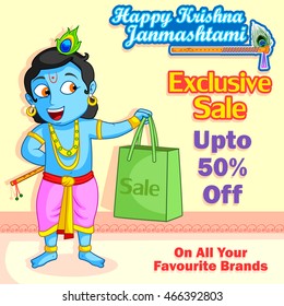 Krishna with bag shopping for Janmashtami sale in vector