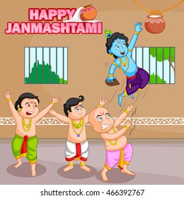 Krishna breaking dahi handi in Janmashtami background in vector