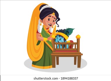 Krishna is in the cradle and mother Yashoda standing with him. Vector graphic illustration. Individually on a white background. 