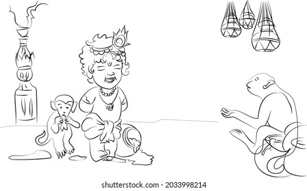 Krishna comiendo mantequilla y observando monos