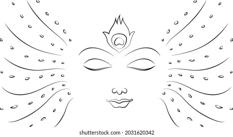 Krishna face line art with peacock feather