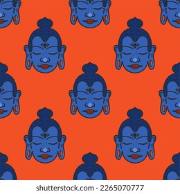 Krishna face, seamless pattern. Indian deity. Flat bright illustration in 60s psychedelic style.