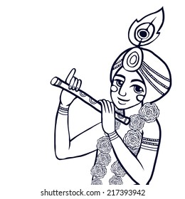 Krishna with floral wreath plays the flute on the white background black and white image