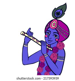 Krishna with floral wreath sits on the rock and plays the flute