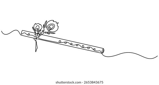 krishna flute continuous one line drawing, krishna flute hinduism line icon vector. krishna flute hinduism sign, flute with peacock feather, minimalist style line art vector design. Peacock.