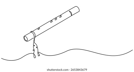 krishna flute continuous one line drawing, krishna flute hinduism line icon vector. krishna flute hinduism sign, flute with peacock feather, minimalist style line art vector design. Peacock.
