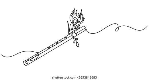 krishna flute continuous one line drawing, krishna flute hinduism line icon vector. krishna flute hinduism sign, flute with peacock feather, minimalist style line art vector design. Peacock.