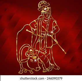 Krishna with goldenartwork sits on the cow and plays the flute on the blue backgroundvector - eps10