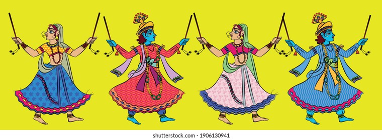 Krishna and gopika playing Garba.  Madhubani Indian traditional art on linen fabrics. beautiful dancers, for textile printing.  Madhubani Indian traditional art on linen fabrics. beautiful dancers, fo