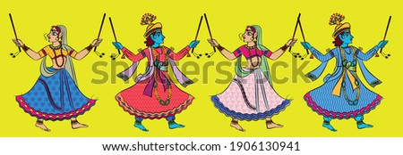 Krishna and gopika playing Garba.  Madhubani Indian traditional art on linen fabrics. beautiful dancers, for textile printing.  Madhubani Indian traditional art on linen fabrics. beautiful dancers, fo Stock fotó © 