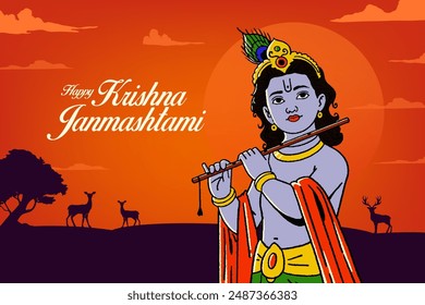 ”Happy Krishna Janmashtami” Hand Lettering Text with Shree Krishna vector Illustration, Drawing, Sketch, Silhouette background. Janmashtami social media banner design template 