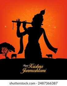 ”Happy Krishna Janmashtami” Hand Lettering Text with Shree Krishna vector Illustration, Drawing, Sketch, Silhouette background. Janmashtami social media banner design template 