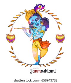 Krishna. Happy Janmashtami. Hindu Festival Poster Template with Young Lord Playing Flute and Pots. Vector illustration