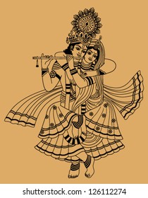 Krishna and his wife on a beige background