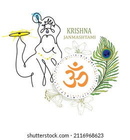 Krishna holds the Sudarshana Chakra. Krishana line art design. Krishna Janmashtami digital art illustration. Annual Hindu festival in India. Silhouette. Vector.