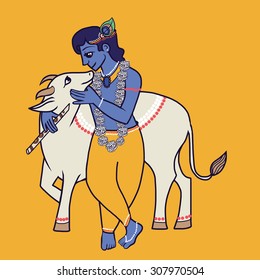 Krishna with holy cow and flute. Janmashtami background. For print poster and postcard or web congratulations. 