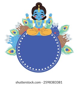 Krishna indian god, vector cartoon frame illustration on the white background