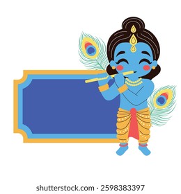 Krishna indian god, vector cartoon frame illustration on the white background