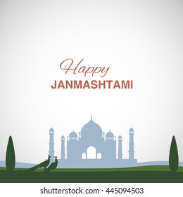 Krishna Janmashtami background in vector. Greeting card for Krishna birthday. Illustration of India community festival Krishna Janmashtami. Image peacocks and a mosque.