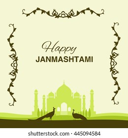Krishna Janmashtami background in vector. Greeting card for Krishna birthday. Illustration of India community festival Krishna Janmashtami. Image peacocks and a mosque.