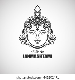 Krishna Janmashtami background in vector. Greeting card for Krishna birthday. Illustration of India community festival Krishna Janmashtami. Image peacocks and a mosque.
