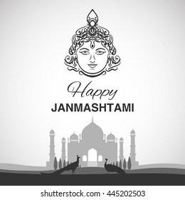 Krishna Janmashtami background in vector. Greeting card for Krishna birthday. Illustration of India community festival Krishna Janmashtami. Image peacocks and a mosque.
