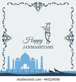 Krishna Janmashtami background in vector. Greeting card for Krishna birthday. Illustration of India community festival Krishna Janmashtami. Image peacocks and a mosque.