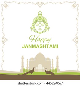 Krishna Janmashtami background in vector. Greeting card for Krishna birthday. Illustration of India community festival Krishna Janmashtami. Image peacocks and a mosque.